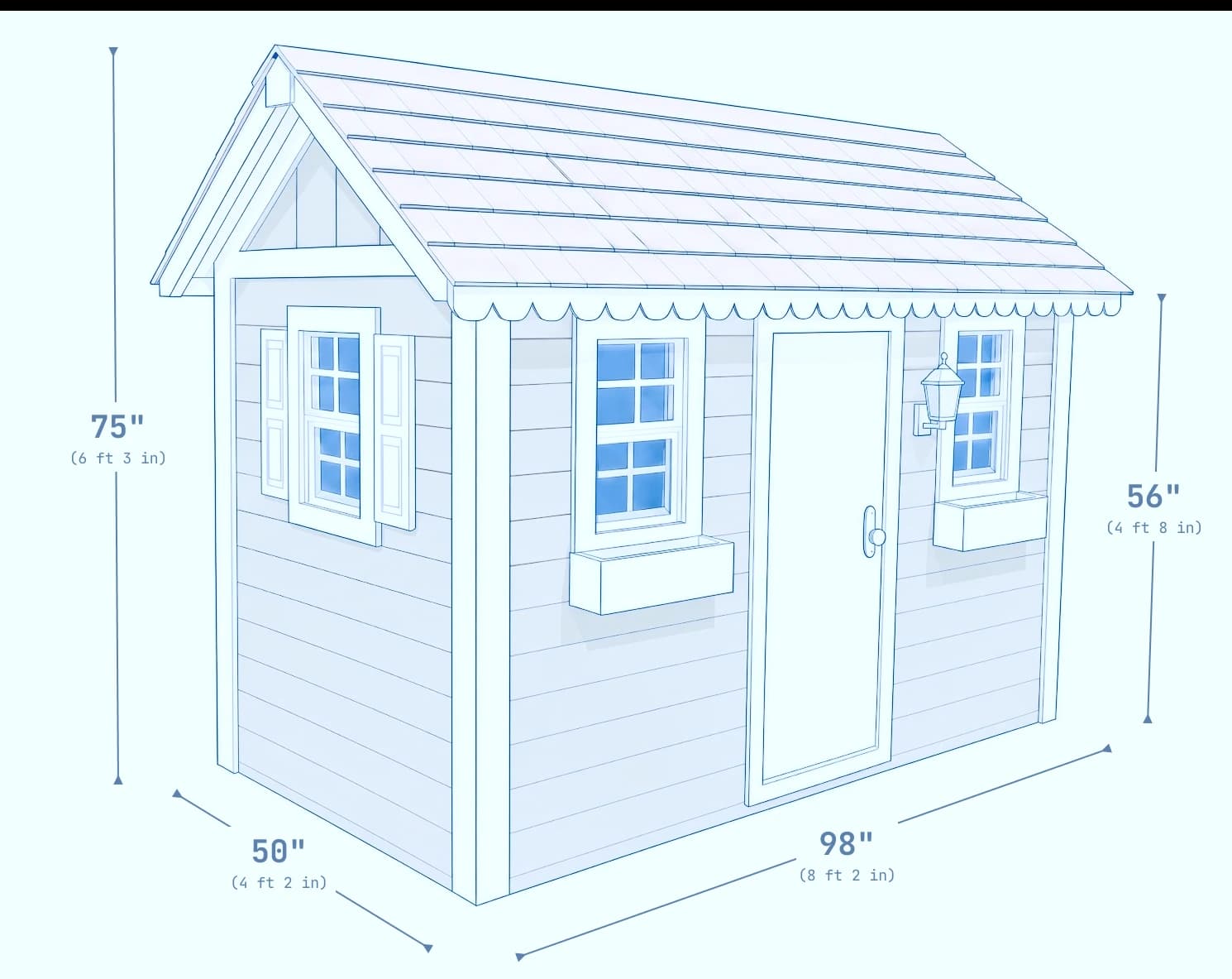 Blueprint of a Little Dream House playhouse annotated with its dimensions: 98 inches wide, 50 inches deep, 56 inches to the eave, and 75 inches to the roof peak
